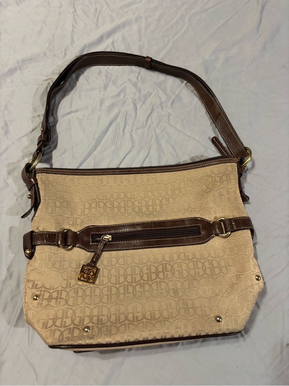 Giani Bernini Beige Monogram Shoulder Bag with Brown Trim